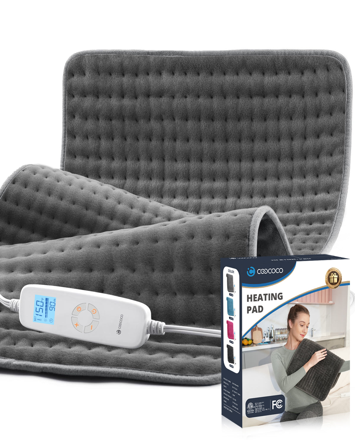 WM-1223C-NA Coococo 33"x17" Heating Pad for Back Relief, Large Portable Heating Pad for Shoulder with 3 Timer & 6 Temperature Controller,Gray,1,Gifts for Mom