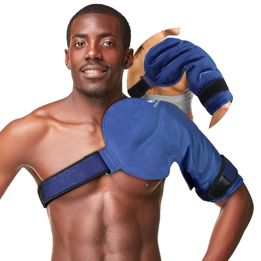 A smiling man wears the CooCoCo Best Shoulder Ice Pack for Rotator Cuff (XL), a reusable gel wrap with black straps; an inset shows targeted shoulder pain relief.