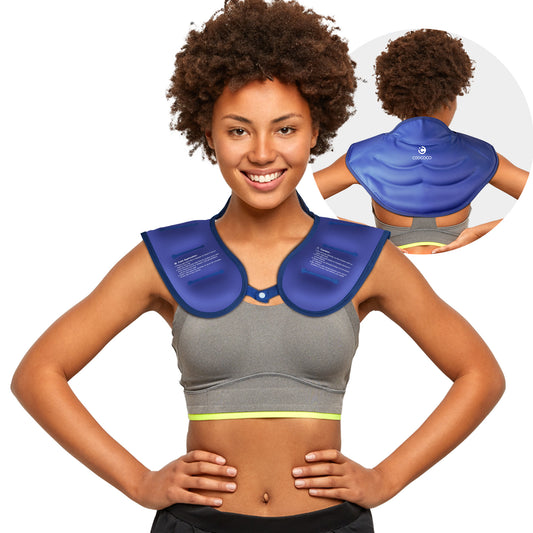 A smiling woman wears the CooCoCo Best Ice Pack for Neck Pain - Instant Cold Therapy Relief over her shoulders and neck. An inset shows the back view, highlighting how this ice pack covers her shoulders and upper back.
