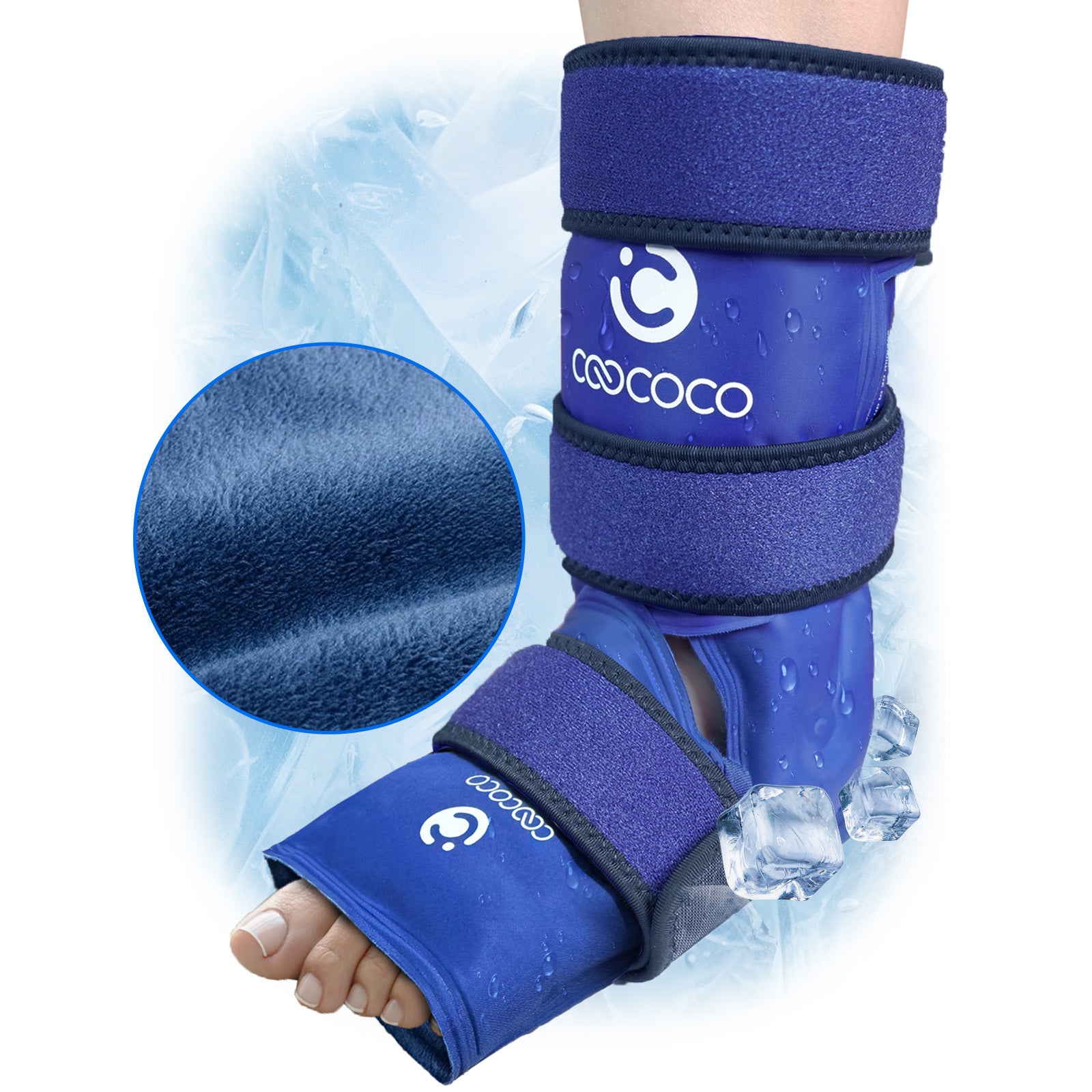 The CooCoCo Ankle Ice Pack Wrap, shown in blue with adjustable straps and logo, surrounds a foot in pain. Reusable cold therapy soothes ankle pain, with soft inner fabric and ice cubes emphasizing comfort and relief.