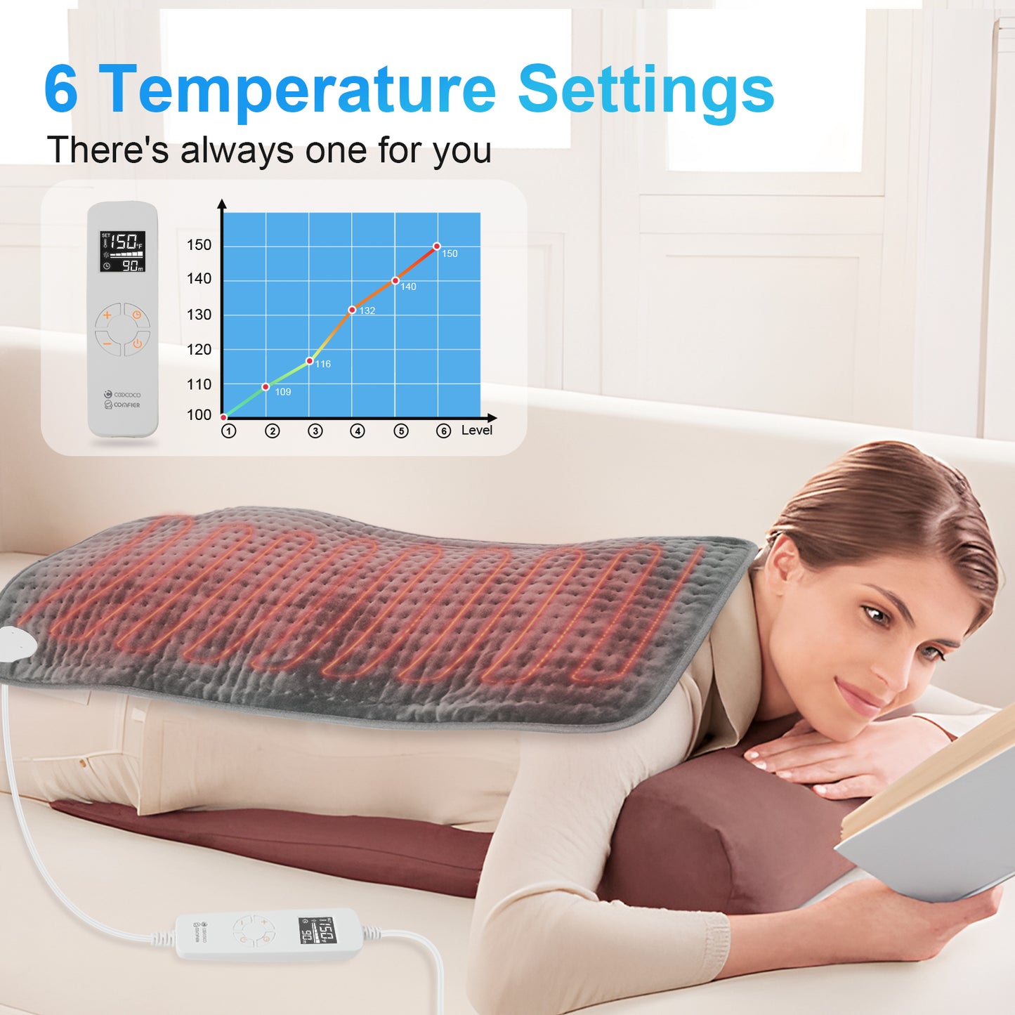 WM-1223C-NA Coococo 33"x17" Heating Pad for Back Relief, Large Portable Heating Pad for Shoulder with 3 Timer & 6 Temperature Controller,Gray,1,Gifts for Mom