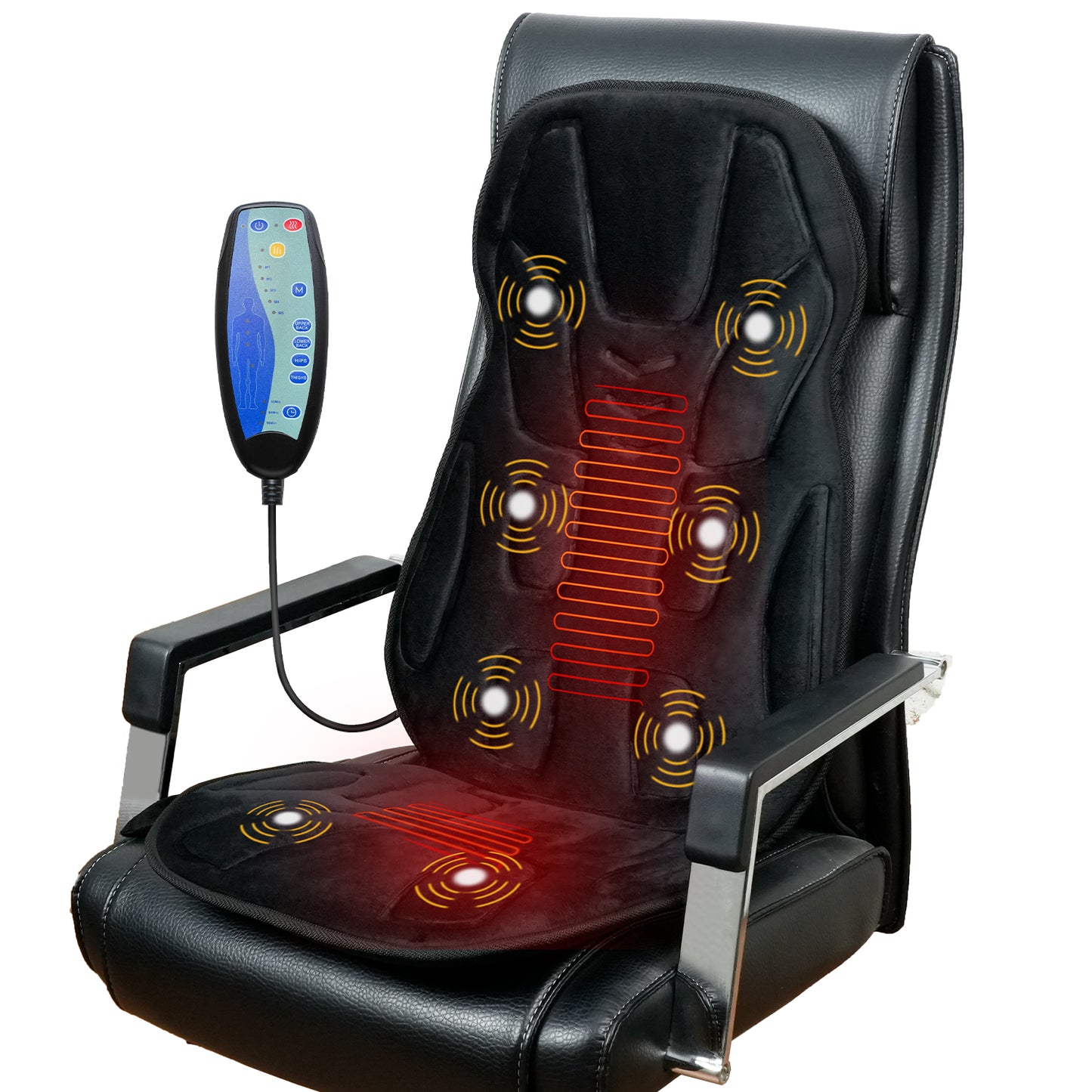 The CooCoCo Vibration Massage Chair with Heat fits all chairs and recliners. Featuring glowing red heat, yellow vibration indicators, and a wired remote for customizable relaxation, it’s shown here on a black office chair.