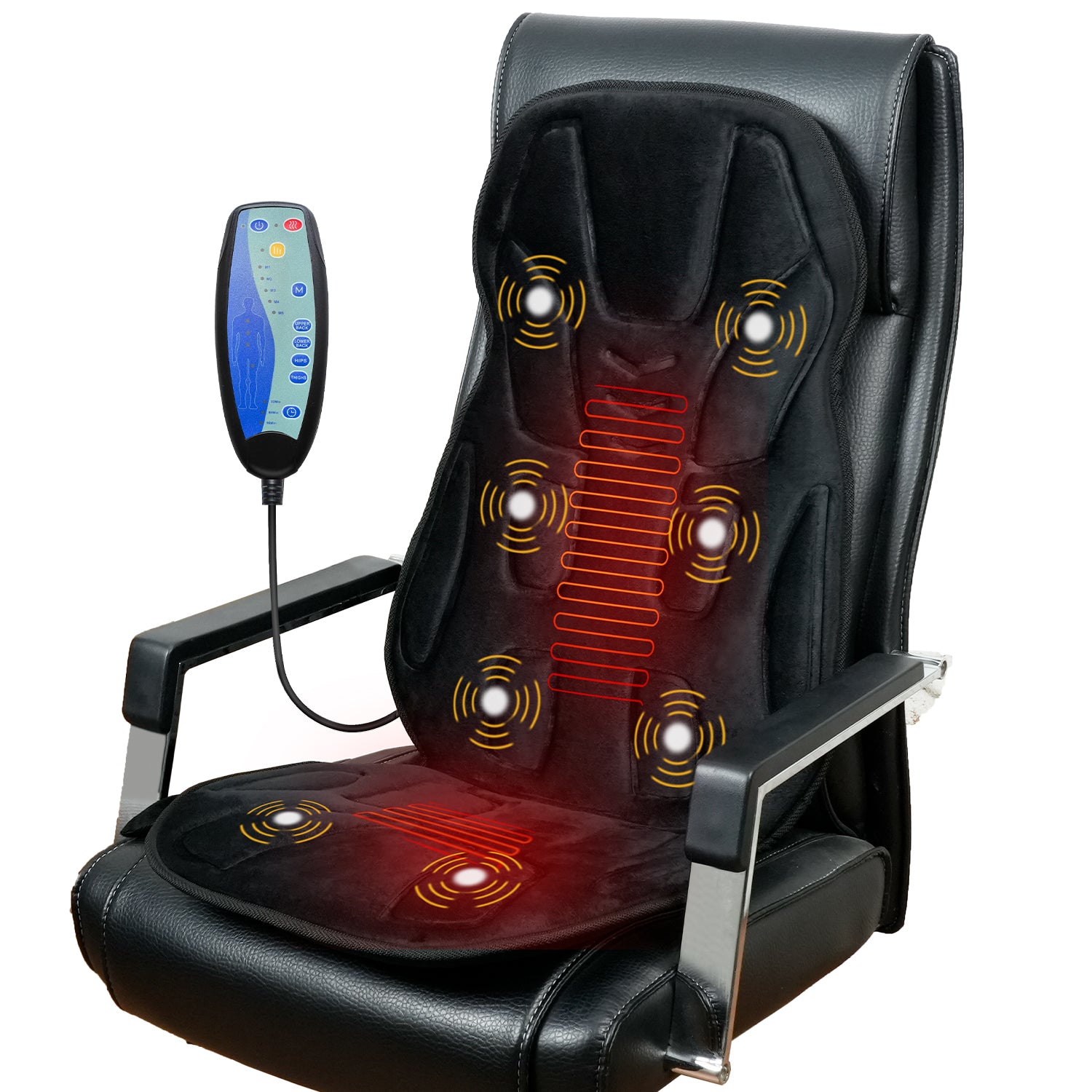 The CooCoCo Vibration Massage Chair with Heat fits all chairs and recliners. Featuring glowing red heat, yellow vibration indicators, and a wired remote for customizable relaxation, it’s shown here on a black office chair.