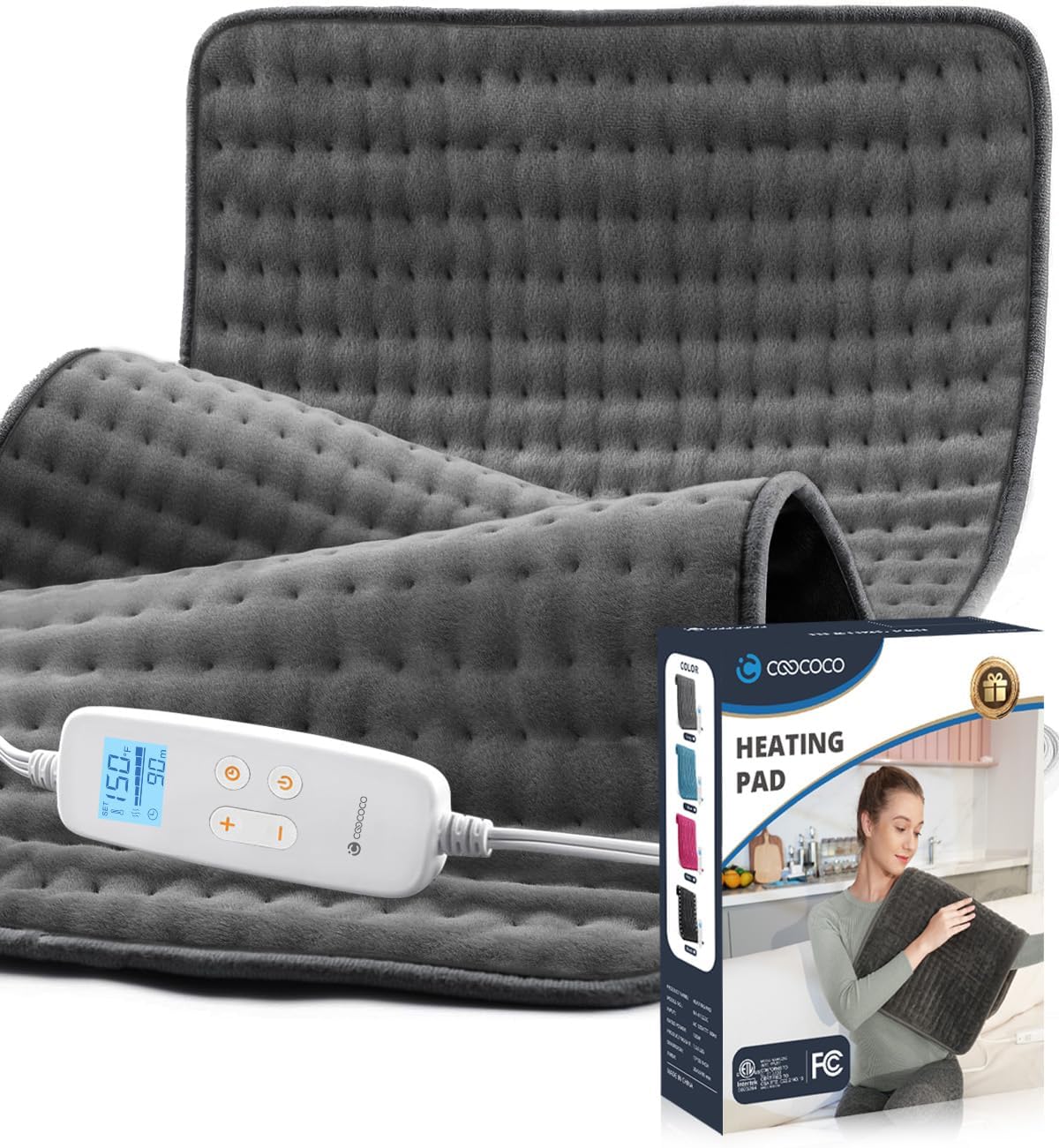 The CooCoCo XXXL 33x17 Heating Pad for Back Pain, Neck, Shoulder & Menstrual Cramps in gray is shown with its white digital controller. The box displays a woman using it and highlights product features and branding.