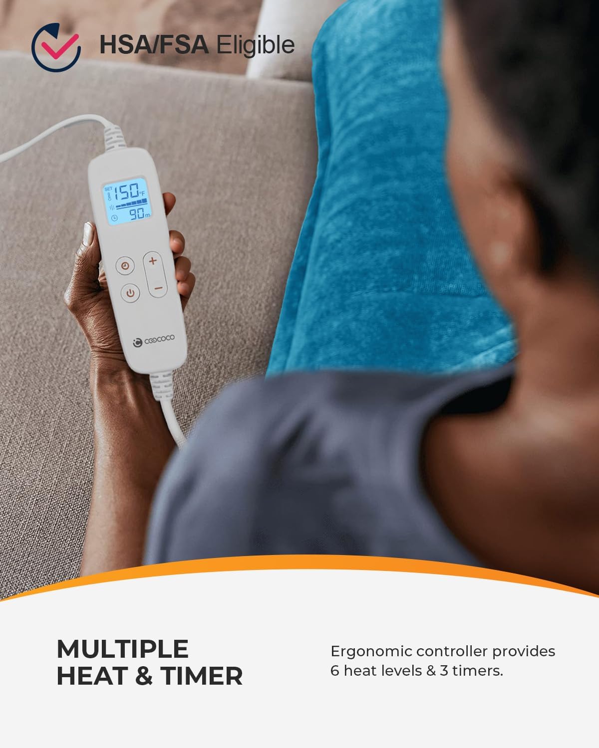 WM-H1222D CooCoCo 37"x24" Heating Pad for Neck and Shoulders and Back, Heat Pad for Back Pain Relief, Full Back Heated Pad, 6 Heat Settings 3 Timers Auto-Off