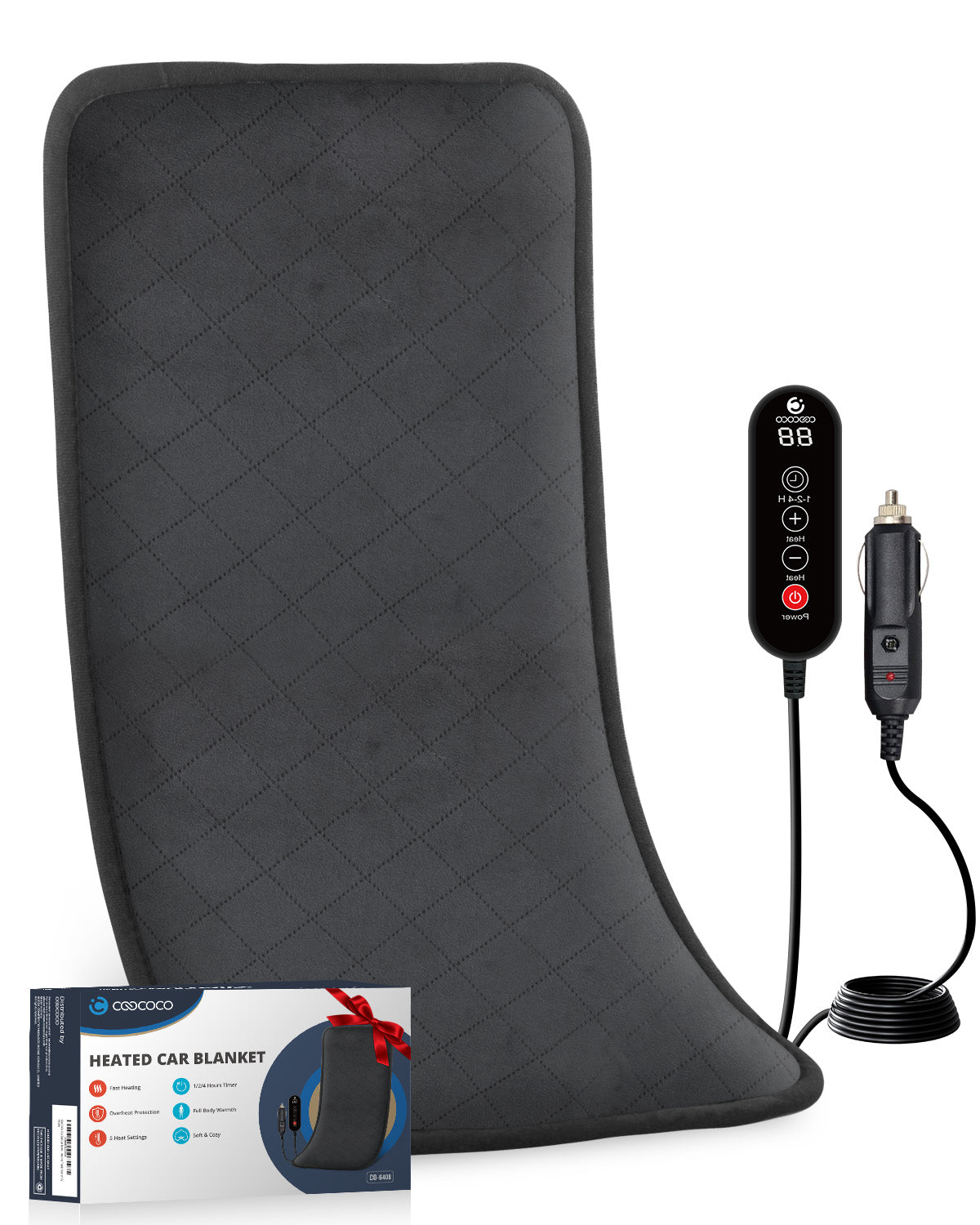WM-CO-6408 CooCoCo 12V/24V Car Heating Pad for Back, Heated Seat Cushion, Portable Heated Blanket For Travel, Electric Blanket For Car, 12''x24''
