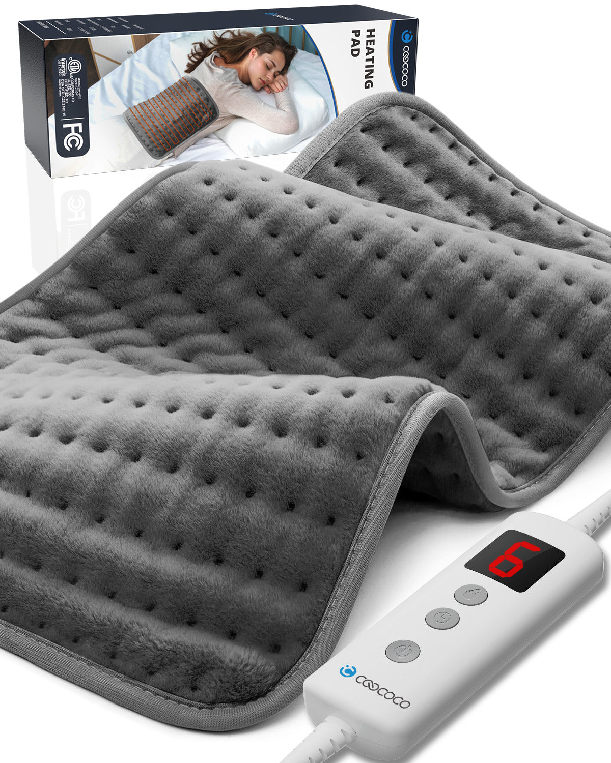 The CooCoCo FSA Approved Electric Heating Pad for Back Pain, Neck & Shoulder, and Menstrual Cramps (12x24) is shown in gray with a digital controller set to 6, displayed in front of its box featuring a woman using the pad. FSA/HSA eligible.