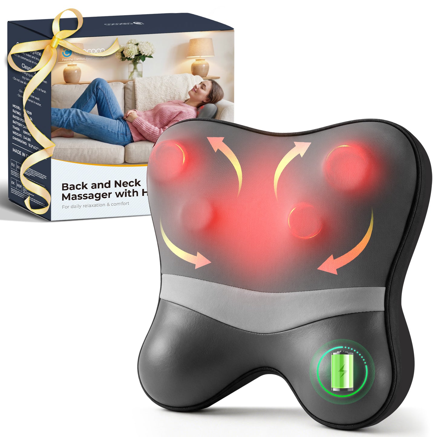 CooCoCo Cordless Neck and Back Massager with Heat - FSA HSA Store Eligible - Shiatsu Deep Tissue Kneading Massager for Neck, Shoulder & Muscle Pain Relief