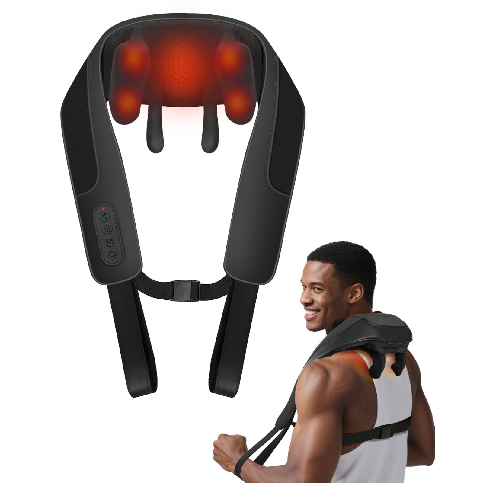 A man in a sleeveless white shirt uses the CooCoCo Heated Shiatsu Massager for Neck and Shoulders. The wireless device’s red-lit massage zones deliver soothing warmth, while straps around his arms provide support.
