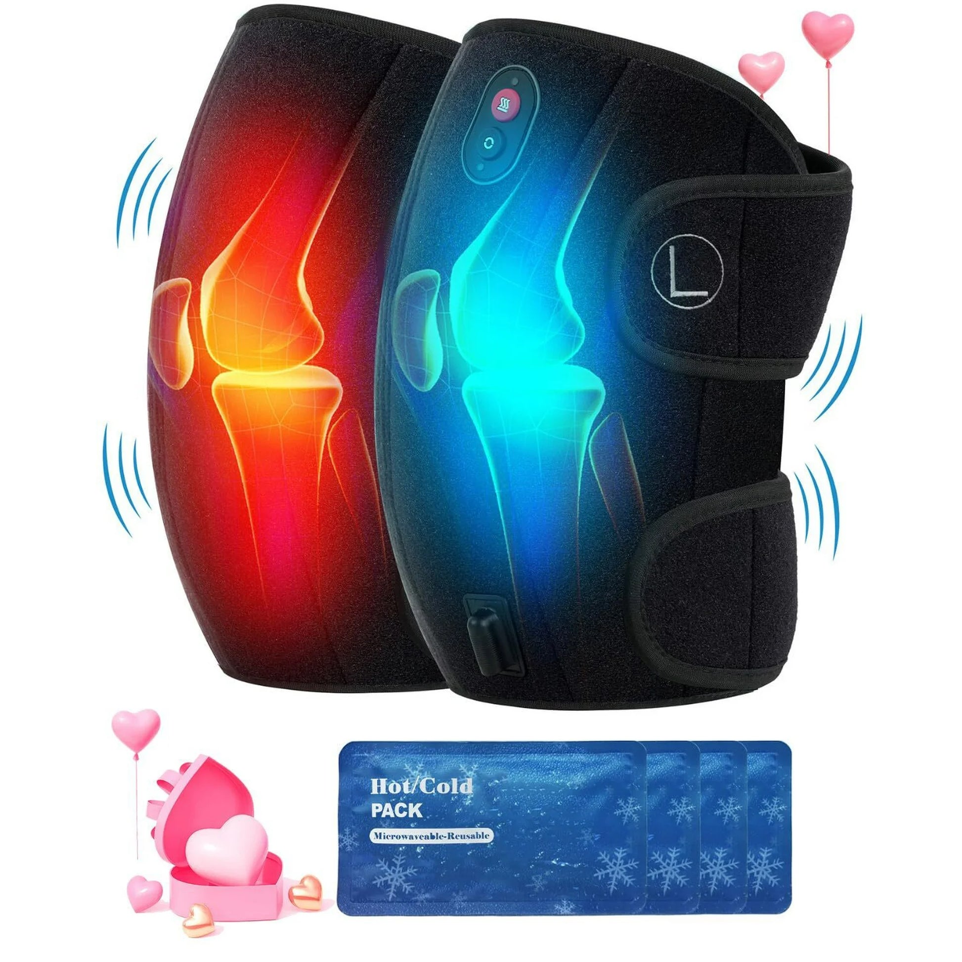 The CooCoCo Knee Massager with Heat & Cold Therapy features two black adjustable wraps, glowing joint graphics, control buttons, a reusable gel pack, and heart-themed decor to highlight soothing vibration massage for knee pain relief.