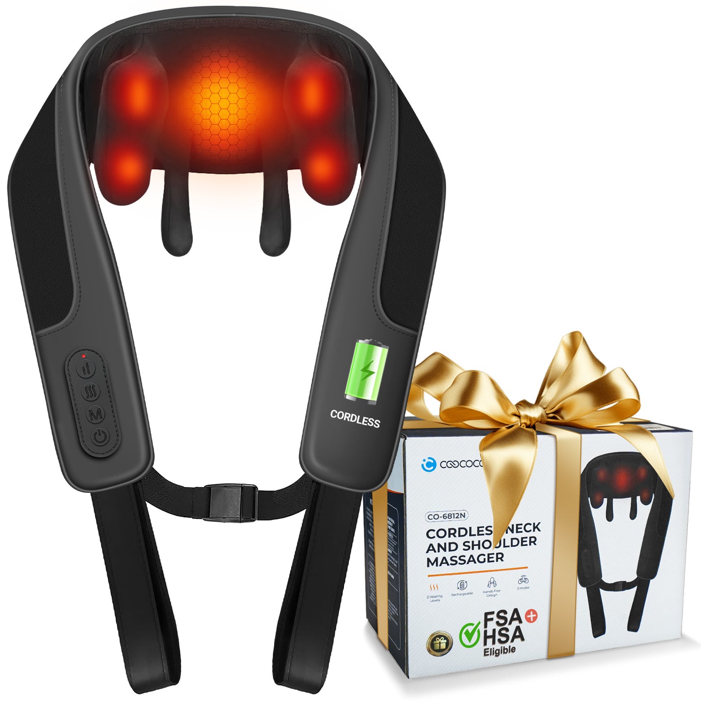 WM-6812 CooCoCo Cordless Neck Massager with Heat, Hands-Free Shiatsu Neck and Shoulder Massager for Pain Relief Deep Tissue, Wearable Neck Massager for Office, Home Relaxation