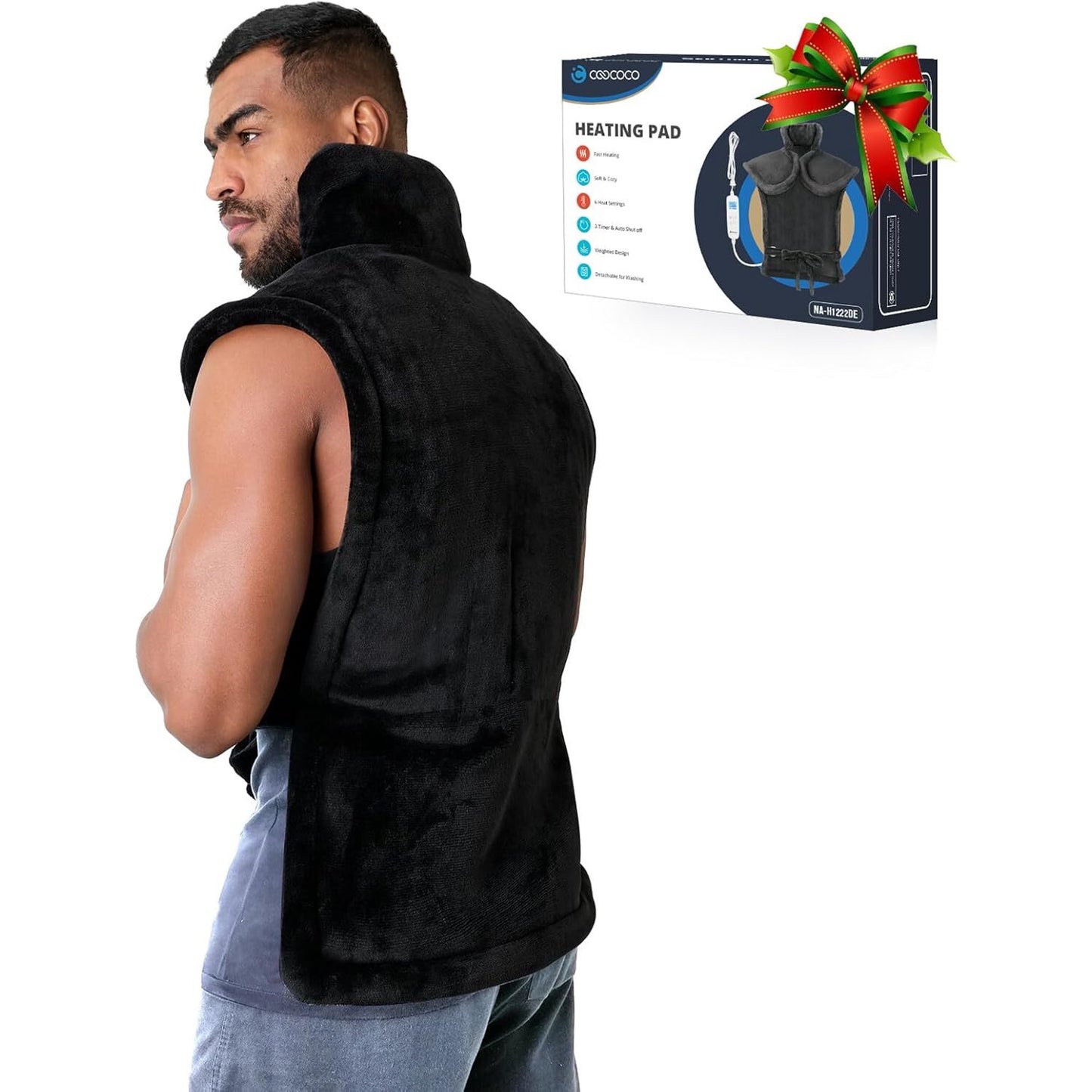 A man wears the CooCoCo Large Electric Heating Pad for Neck, Shoulders & Back Pain Relief and looks back. In the background, a boxed CooCoCo heating pad with a festive bow highlights adjustable heat therapy.