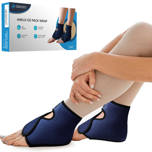A person wearing CooCoCo Adjustable Ankle Ice Pack - Reusable Gel Wrap for Pain Relief sits with legs crossed. In the upper left, a product box labeled with the name, photo, and details is visible.