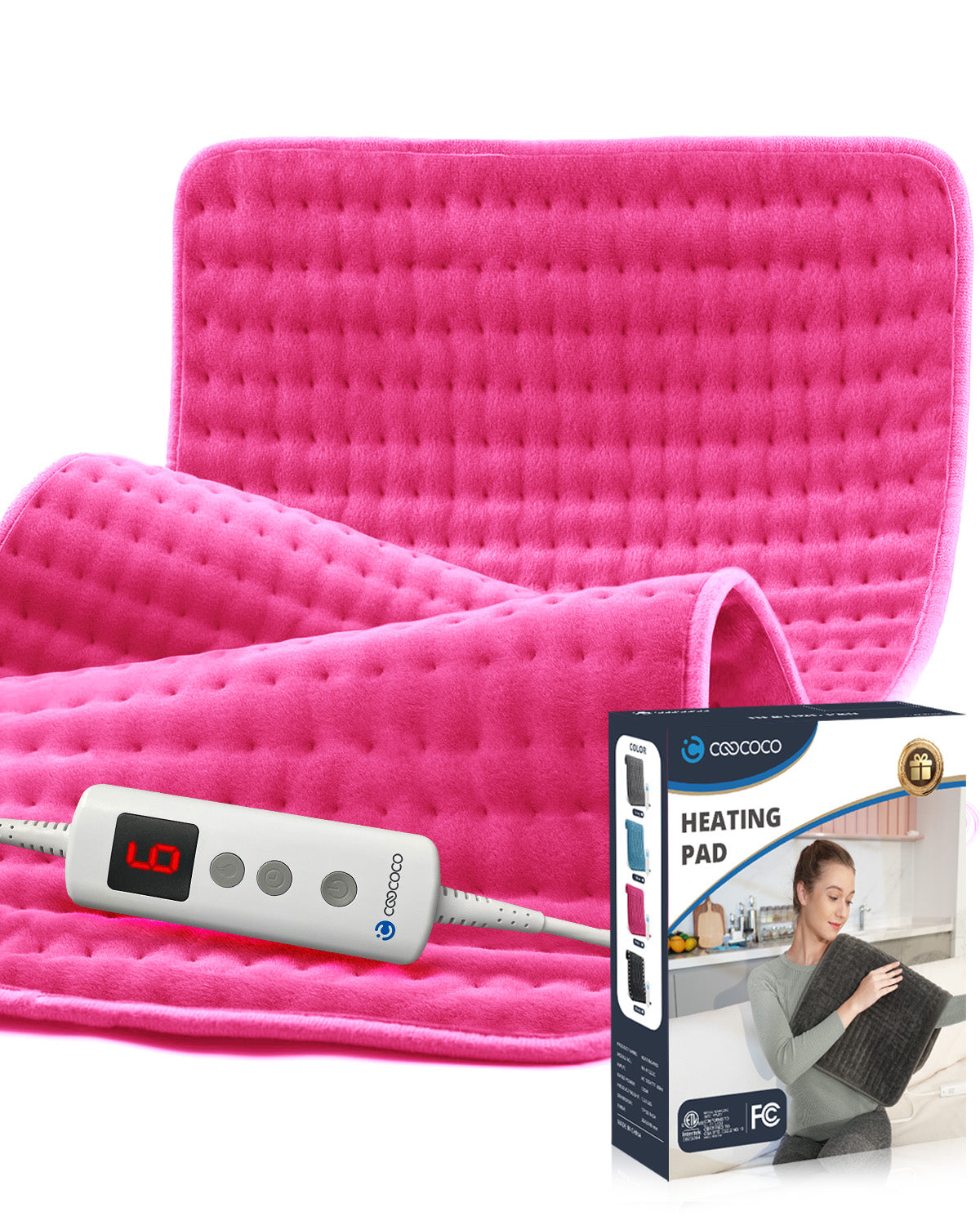 WM-HP01-PNK Coococo 33"x18" Large Electric Heating Pad for Back Neck Shoulders Muscle Pain, Cramps Relief with Auto Shut off, 3 Timer, 6 Temp Controller, Gifts
