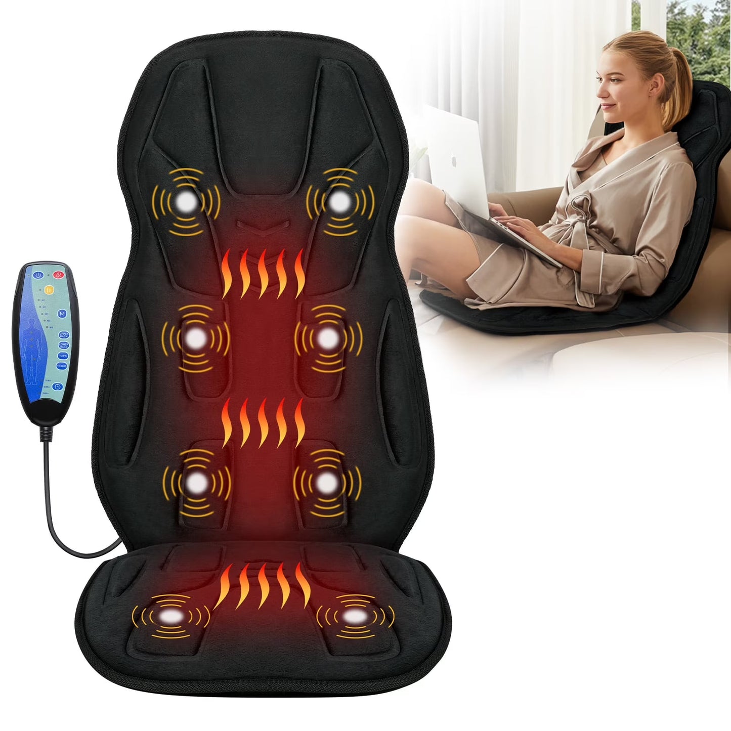 CO-2407-WM CooCoCo Shiatsu Massage Seat Cushion with Heat, Massage Chair Pad Neck Back Massager with 8 Vibration Motors & 2 Heat Levels for Back Pain Relief Home Office Use, Gifts for Dad Mom Women Men
