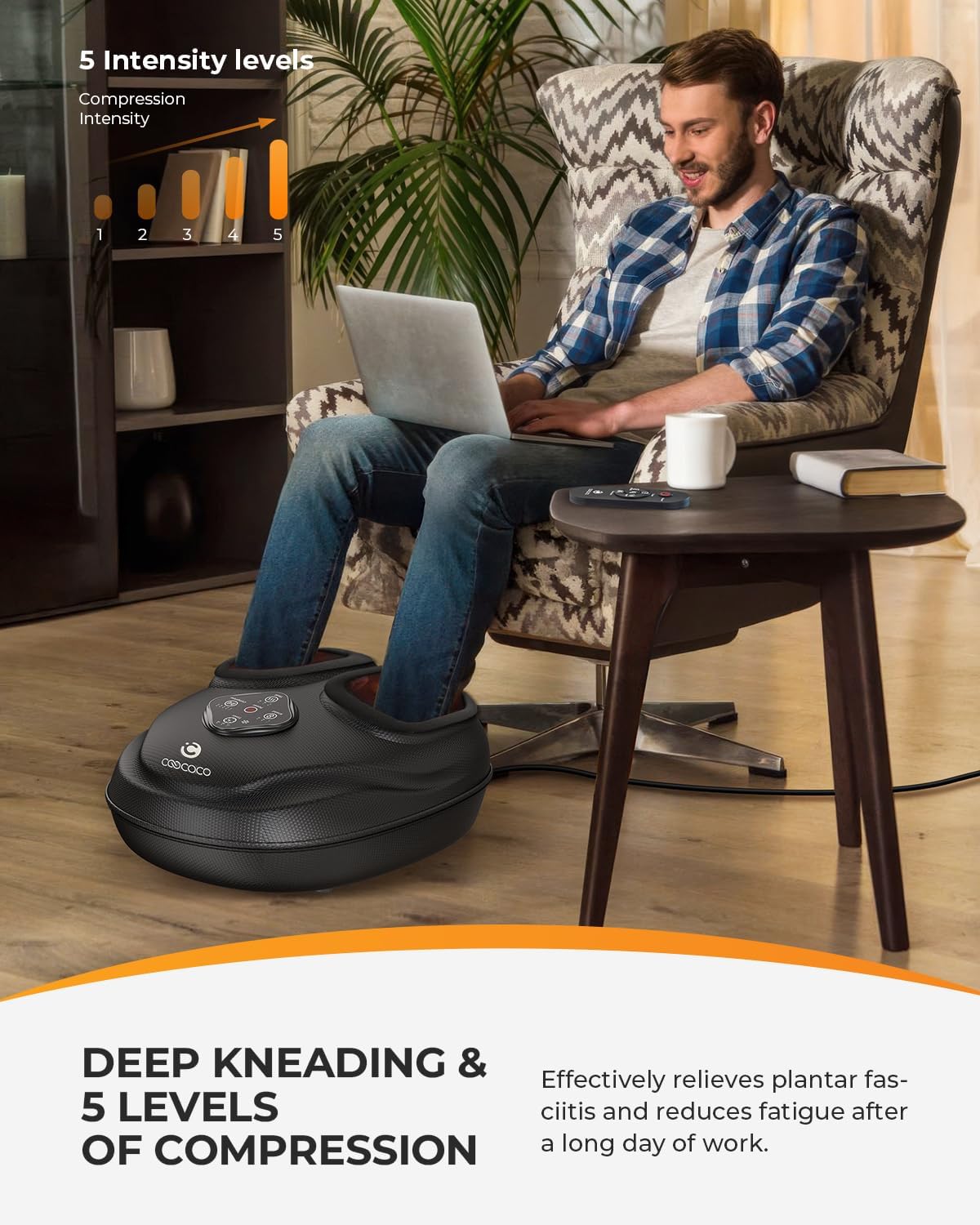 CO-5503RC-WM CooCoCo Shiatsu Foot Massager with Heat & Remote Control, Feet Massage Machine with Kneading, Compression for Plantar Fasciitis, Neuropathy Tired Foot Blood Circulation, Gifts for Women Men, Size 14'