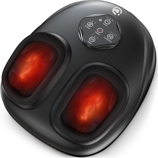 The CooCoCo Best Foot Massager Gift is a black Shiatsu machine with heat, two glowing red massage compartments, and a control panel on top—an ideal gift for women who love relaxing pain relief.