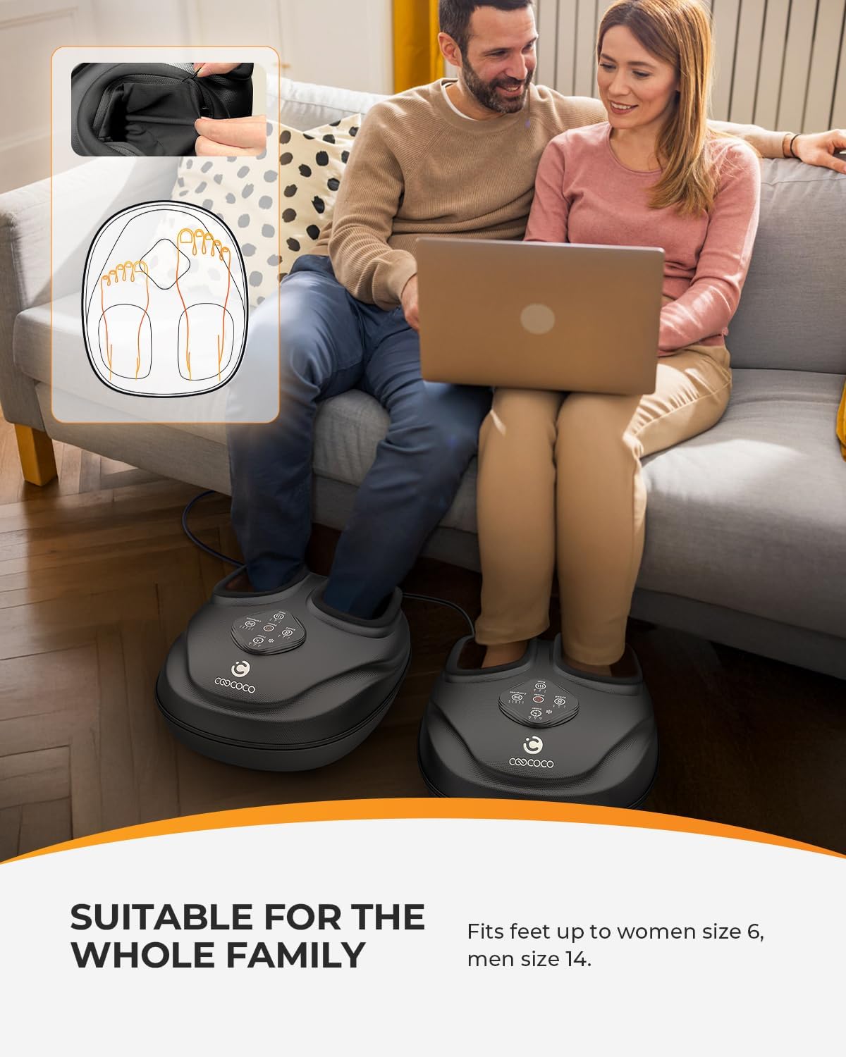 CO-5503-WM CooCoCo Shiatsu Foot Massager with Heat, Feet Massage Machine with Kneading, Compression for Plantar Fasciitis, Neuropathy Tired Foot Blood Circulation, Gifts for Women Men Mom Dad, Size 14''