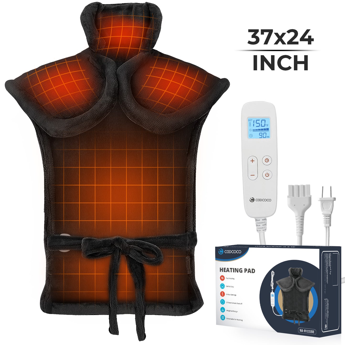 WM-GRY22D-H122 Coococo 24x33 Large Heating Pad for Back and Shoulder, Large Electric Heat Pad with 6 Heat Settings Machine Washable,1