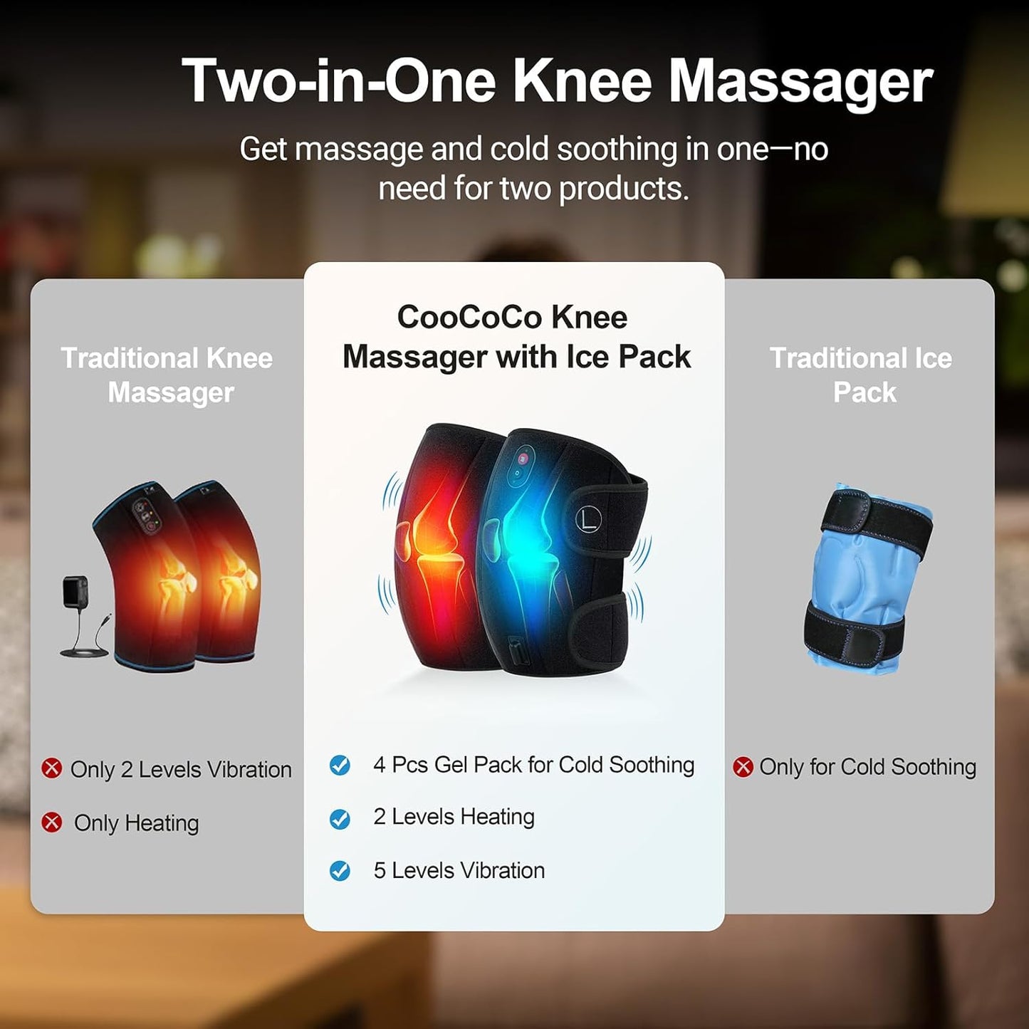 CO-5327-WM CooCoCo Knee Massager with Heat/Cold, Heated Knee Brace Wrap for Pain Relief,Gifts for Men
