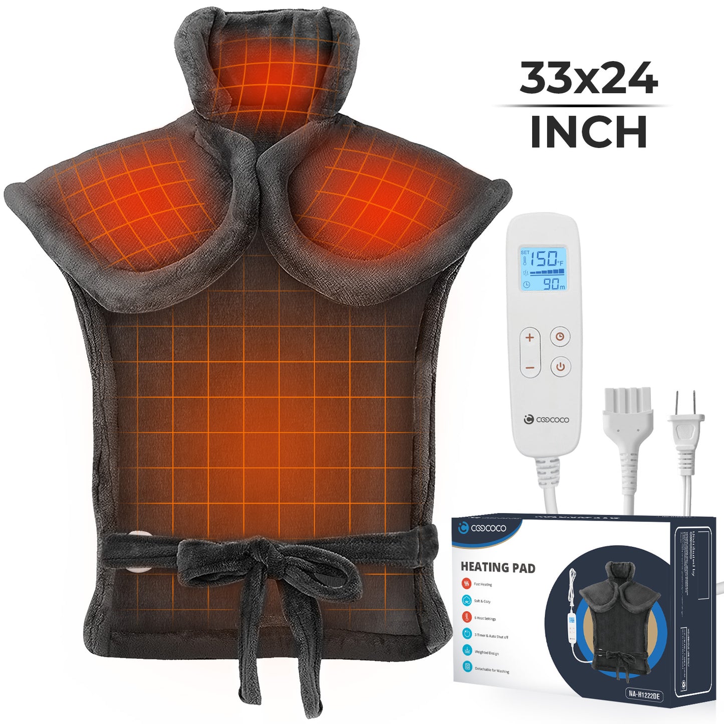 WM-GRY22D-H122 Coococo 24x33 Large Heating Pad for Back and Shoulder, Large Electric Heat Pad with 6 Heat Settings Machine Washable,1