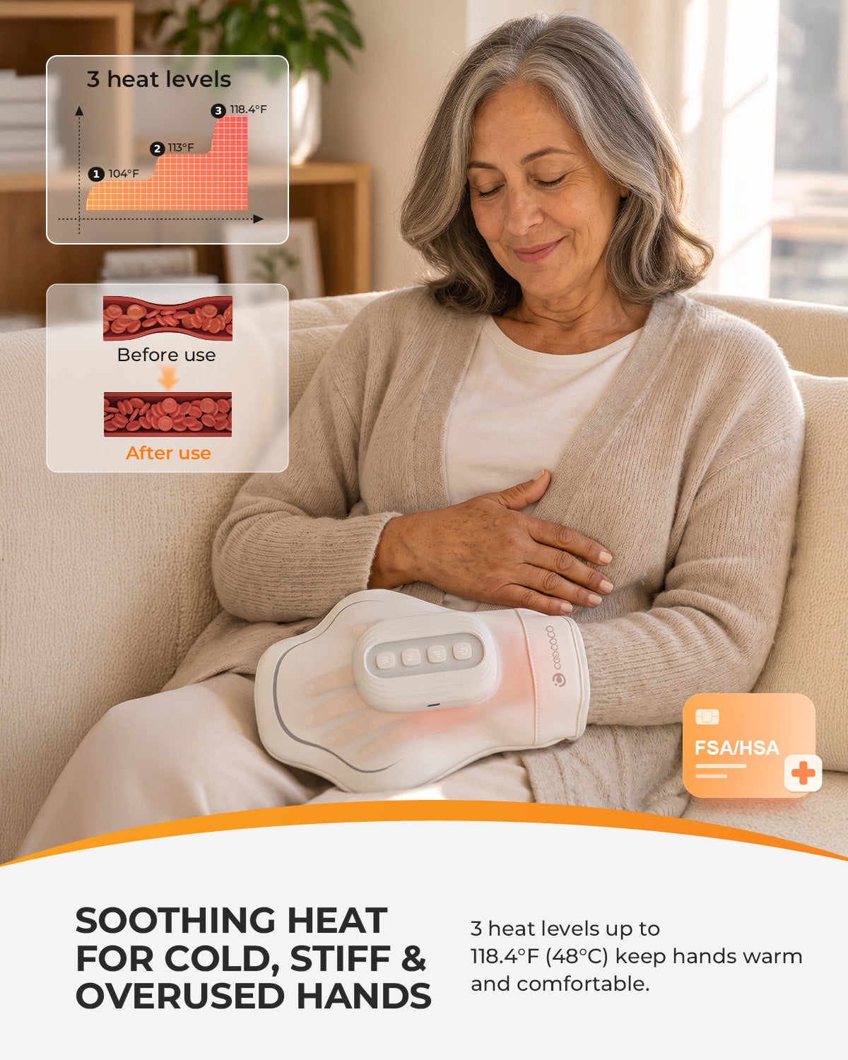 CooCoCo Cordless Hand Massager with Heat and Compression – Air Compression Massager for Arthritis, Palm & Wrist Pain Relief (Fits Left & Right Hand) - CO-4610