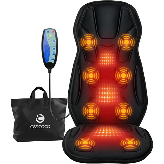 CO-2407-WM CooCoCo Shiatsu Massage Seat Cushion with Heat, Massage Chair Pad Neck Back Massager with 8 Vibration Motors & 2 Heat Levels for Back Pain Relief Home Office Use, Gifts for Dad Mom Women Men