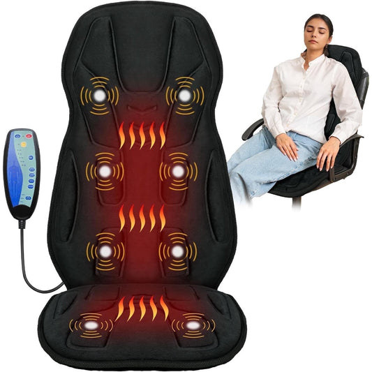 The CooCoCo Back Massager Cushion with Heat—a vibrating massage pad for neck & lower back pain—is shown in black, featuring a remote for easy vibration mode selection. Inset shows a woman relaxing on the massager.