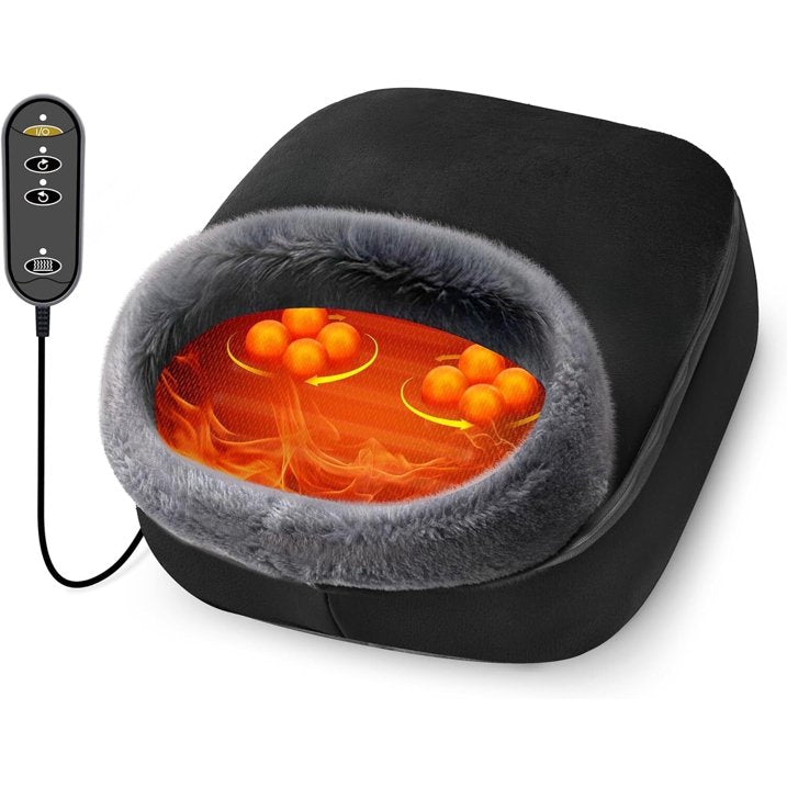 The CooCoCo Shiatsu Foot Massager with Heat features a furry grey lining, glowing orange heat, remote control for power, heat, and massage settings, plus Deep 3D Kneading Massage for calf and plantar fasciitis relief.