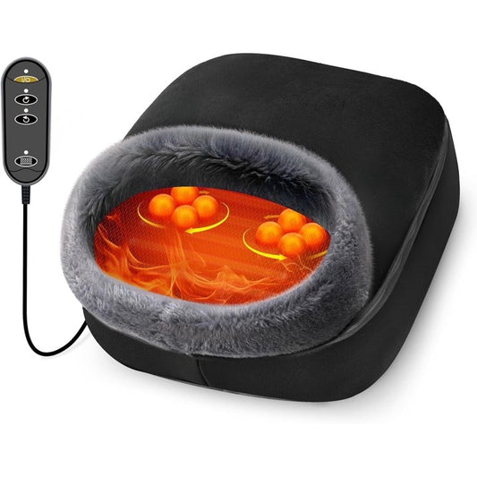 The CooCoCo Shiatsu Foot Massager with Heat features a furry grey lining, glowing orange heat, remote control for power, heat, and massage settings, plus Deep 3D Kneading Massage for calf and plantar fasciitis relief.
