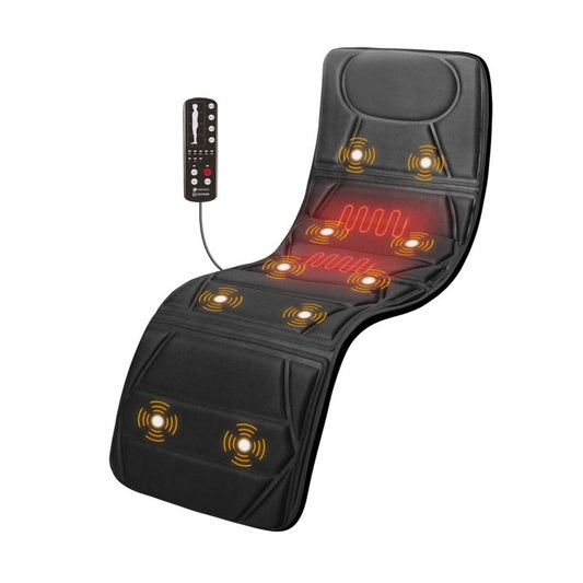 The CooCoCo Heated Full Body Massage Mat is a black vibrating pad with yellow indicator lights, a wired remote, and red heating zones—ideal for relaxing massages on your back, neck, and shoulders.