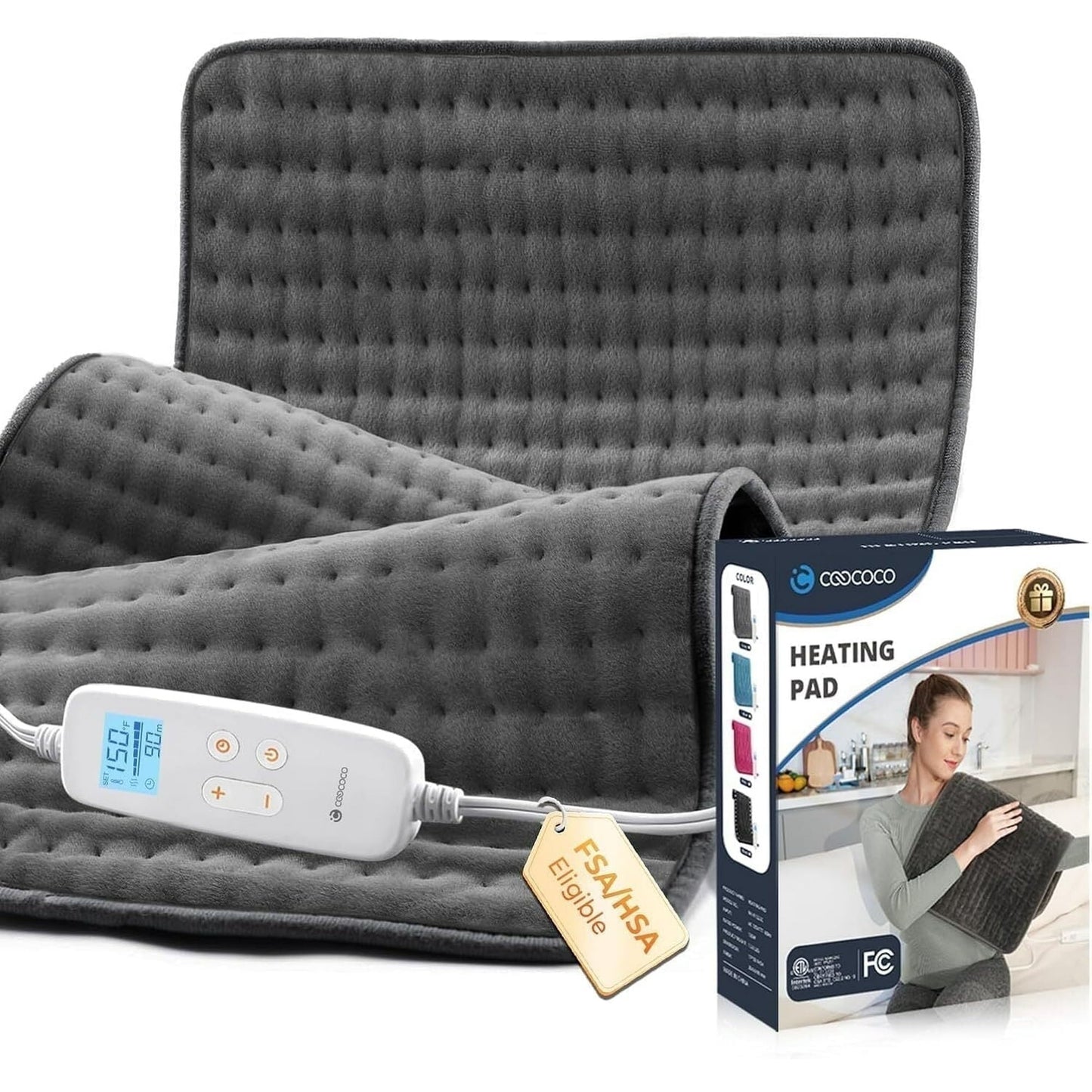 WM-1223C Coococo 33"x17" Large Electric Heating Pad for Back Neck Shoulders Muscle Pain, Cramps Relief with Auto Shut off, 3 Timer, 6 Temp Controller, Gifts