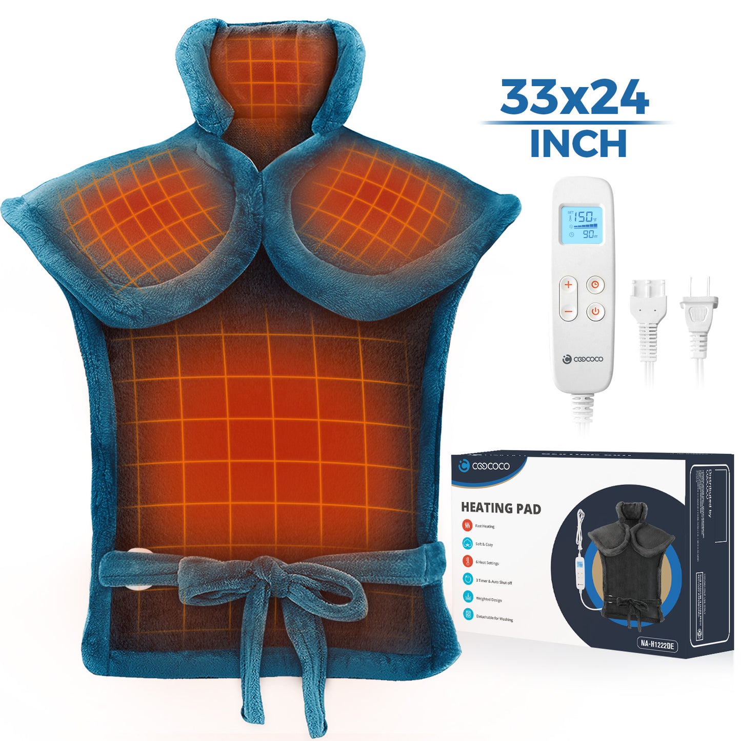 WM-GRY22D-H122 Coococo 24x33 Large Heating Pad for Back and Shoulder, Large Electric Heat Pad with 6 Heat Settings Machine Washable,1
