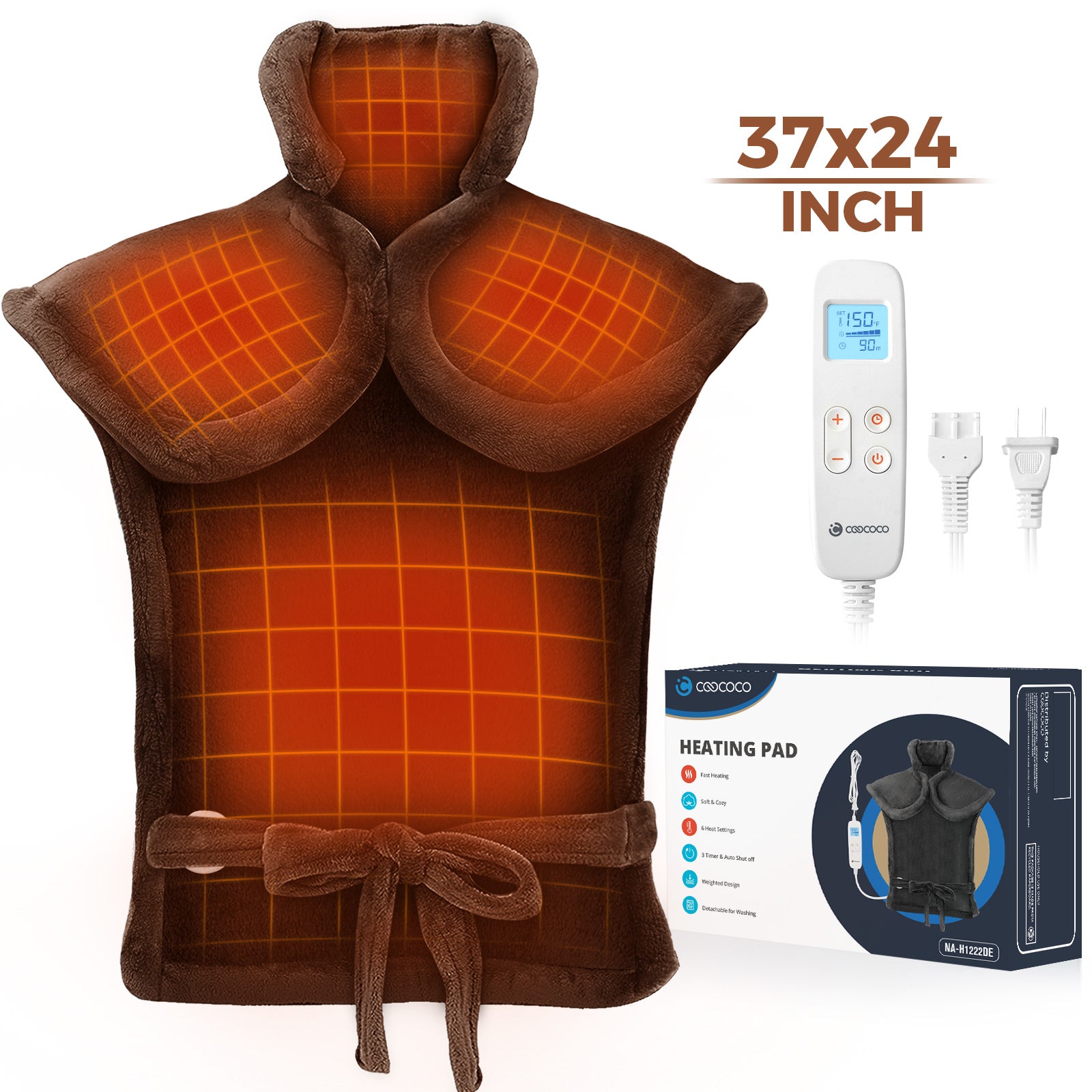 CooCoCo 24x37 Oversized Heating Pad for Neck to Lower Back Pain offers electric heat therapy and an orange grid pattern. Includes remote control, power cords, and packaging box. Covers shoulders/neck for soothing pain relief.