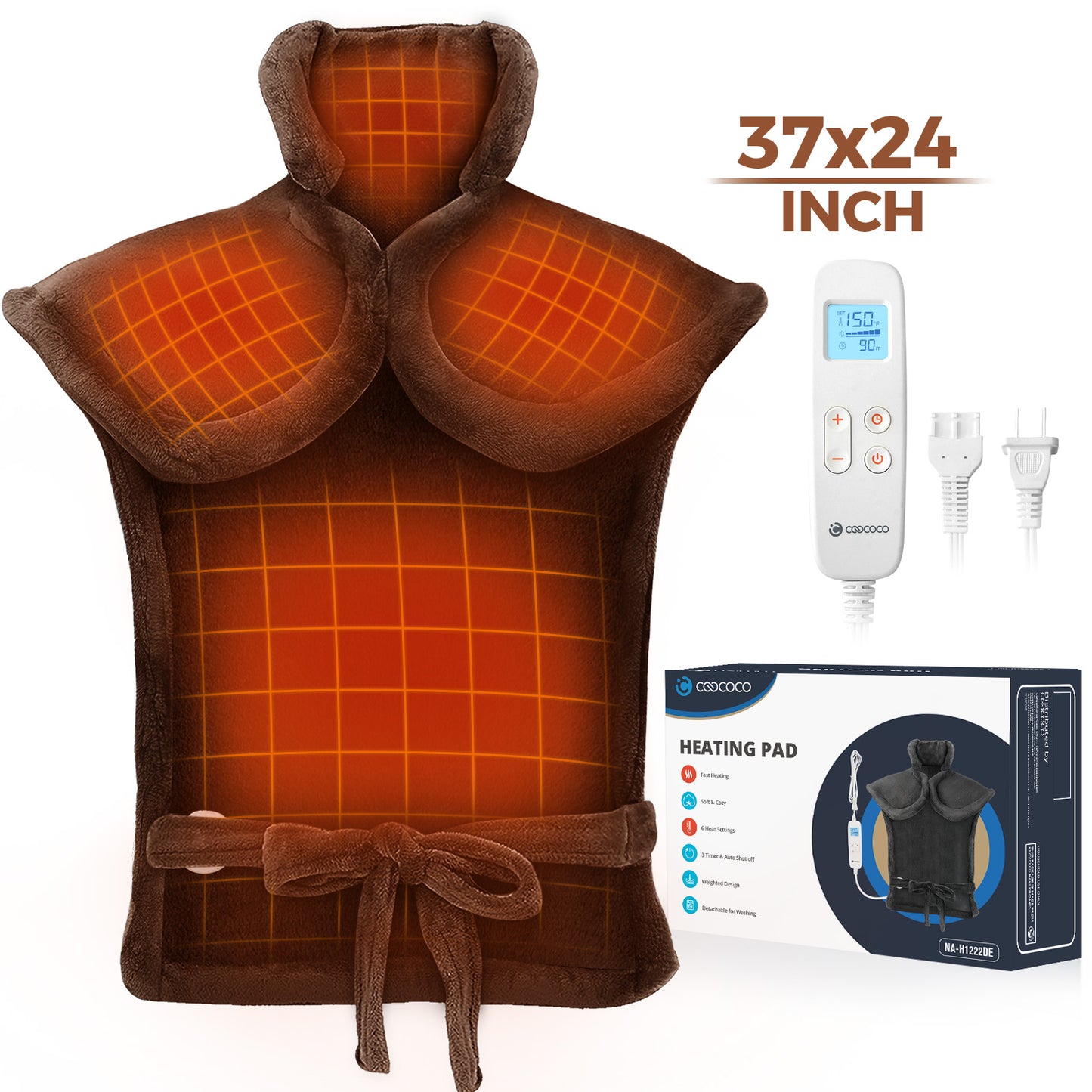 WM-GRY22D-H122 Coococo 24x33 Large Heating Pad for Back and Shoulder, Large Electric Heat Pad with 6 Heat Settings Machine Washable,1