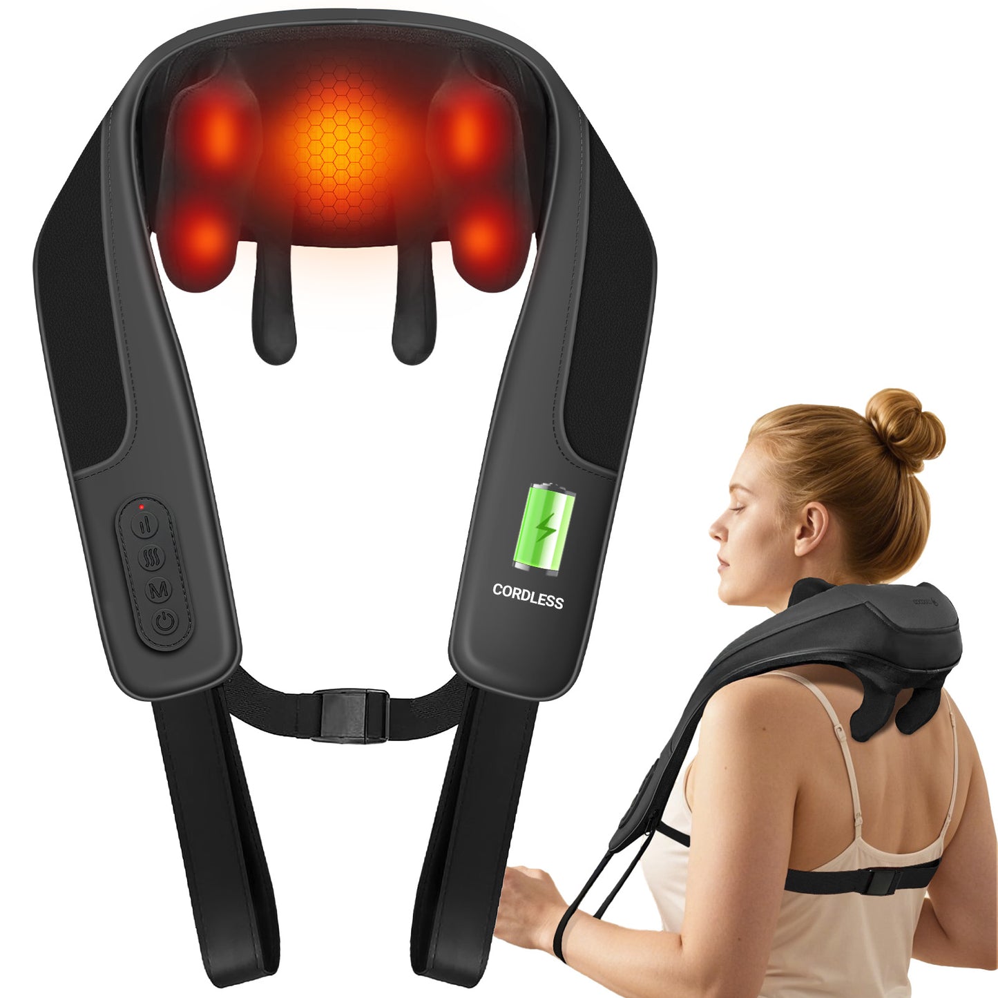 WM-6812 CooCoCo Cordless Neck Massager with Heat, Hands-Free Shiatsu Neck and Shoulder Massager for Pain Relief Deep Tissue, Wearable Neck Massager for Office, Home Relaxation