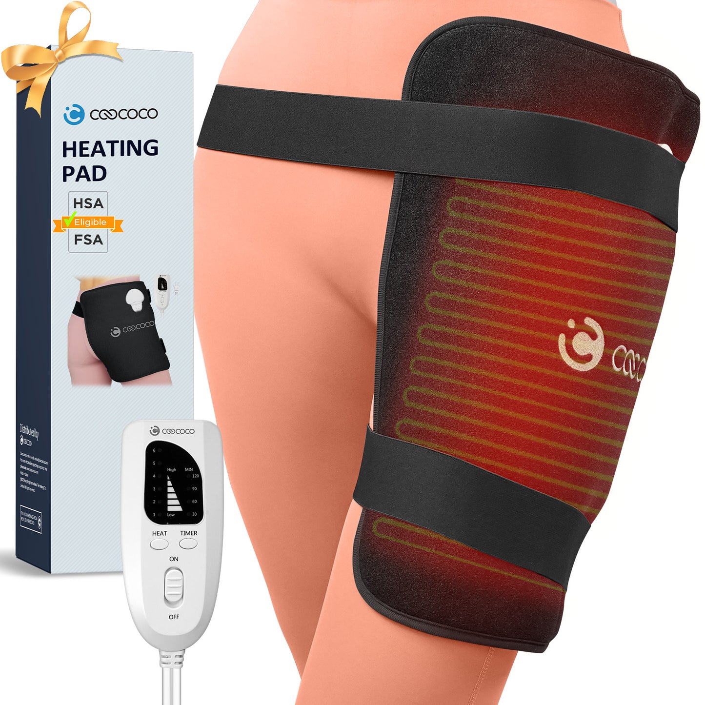 CooCoCo Hip Heating Pad for Sciatica & Hip Pain Relief – FSA/HSA Eligible Electric Heated Hip Brace with 6 Heat Levels & 4 Timers
