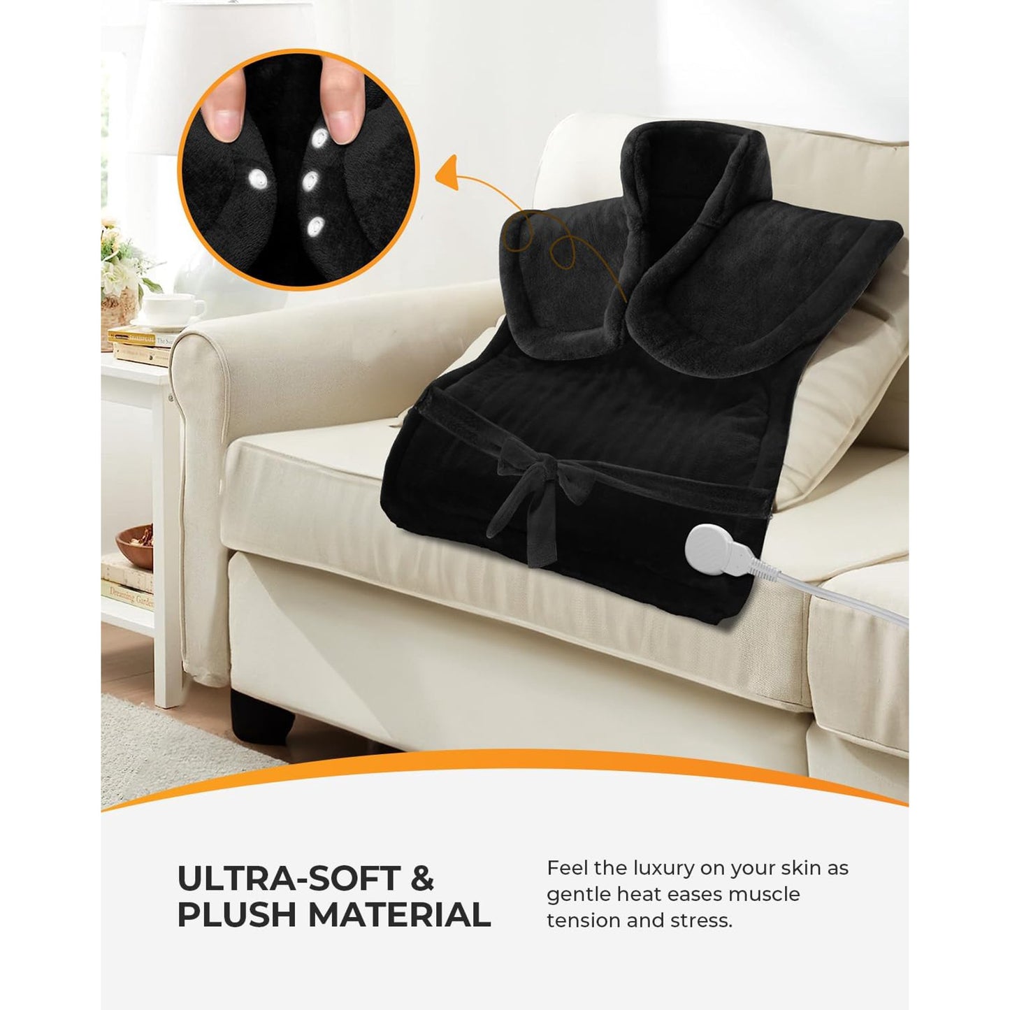 WM-BLK22DE CooCoCo 37"x24" Heating Pad for Neck and Shoulders and Back, Heat Pad for Back Pain Relief, Full Back Heated Pad, 6 Heat Settings 3 Timers Auto-Off