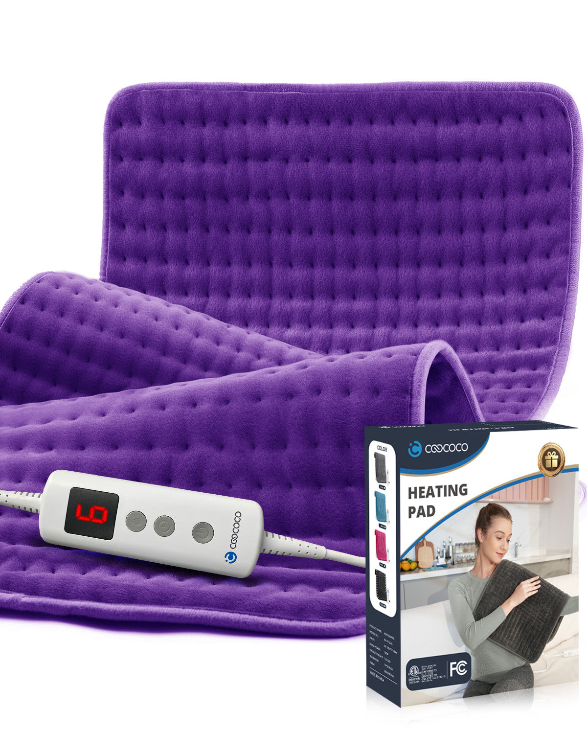 WM-HP01-PUR Coococo 33"x18" Large Electric Heating Pad for Back Neck Shoulders Muscle Pain, Cramps Relief with Auto Shut off, 3 Timer, 6 Temp Controller, Gifts