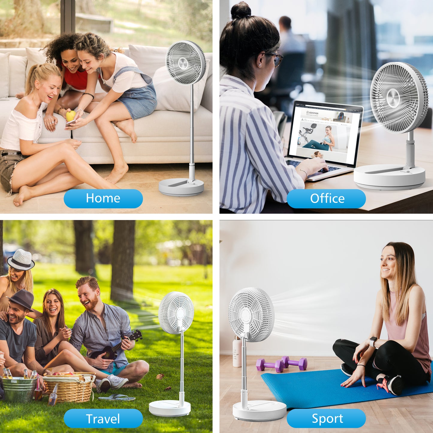 Foldable Fan, Rechargeable fan, 7200mAh Stand fan with 4 Speed Modes- P21W